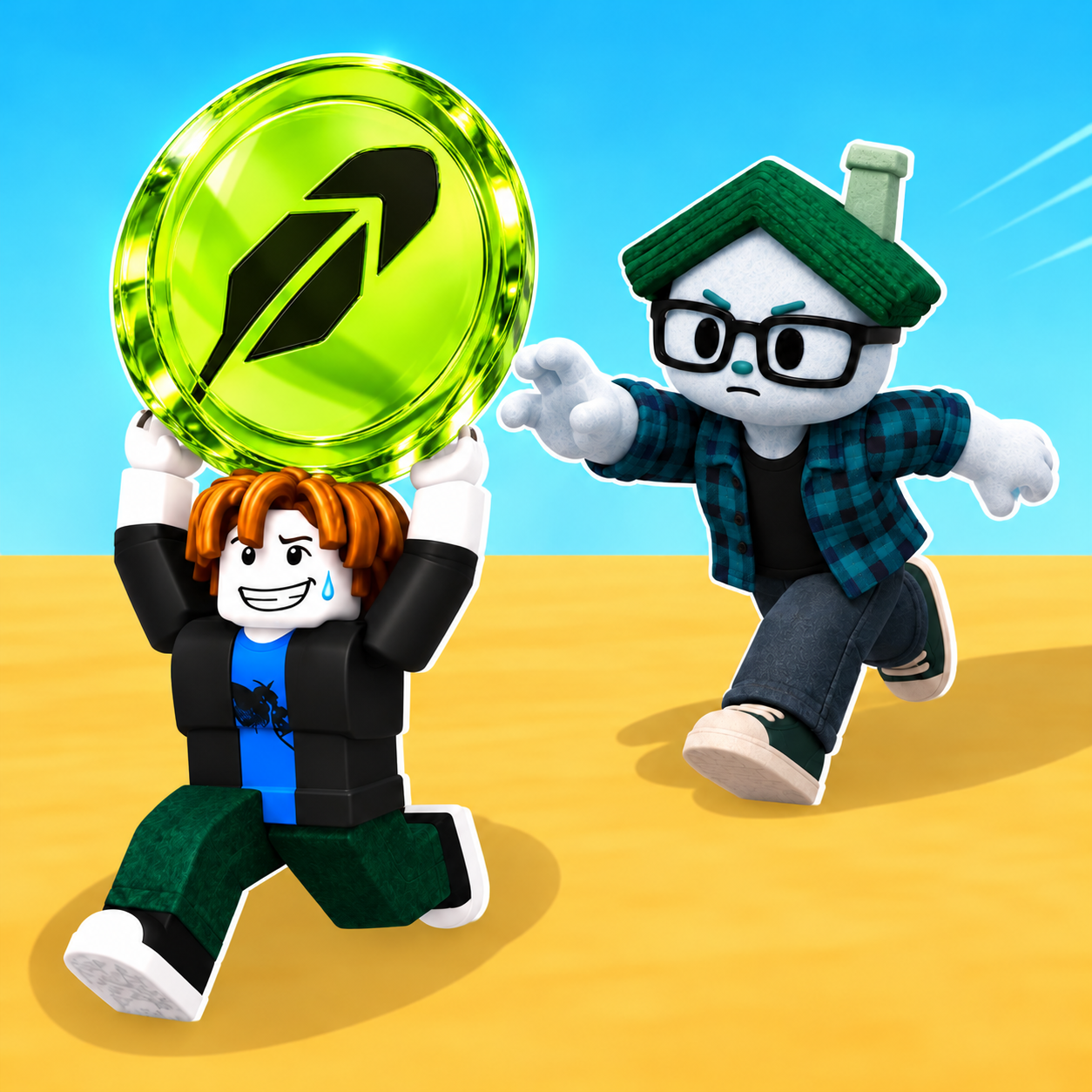 Steal a Meme key art: a grinning Roblox character carrying a giant glossy green Robinhood coin while Ozzy chases across a desert